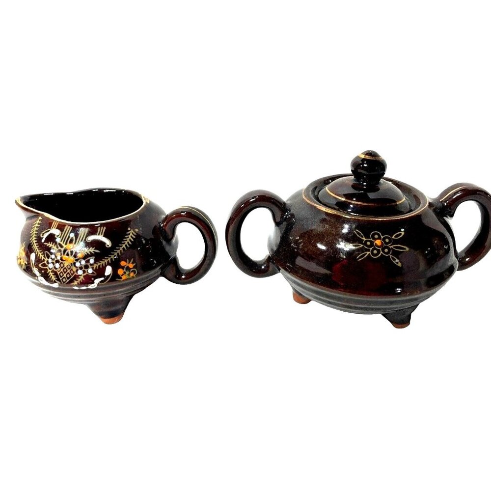 Brown Betty Cream & Sugar Handpainted Made in Japan Moriage Vintage Red Clay